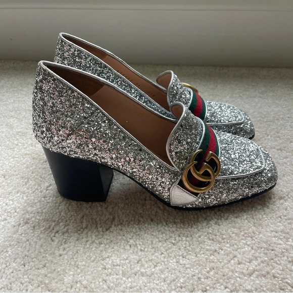 GUCCI Peyton Glitter Block Heel Loafers In Argento Silver - Picture 5 of 12
